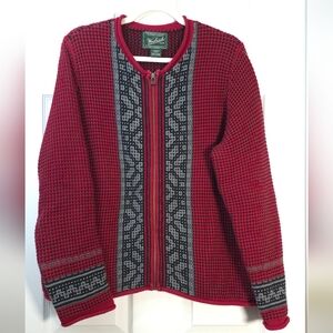 Woolrich Vtg Red & Grey Waffle Knit Zip Cardigan Sweater M Fairisland Cotton